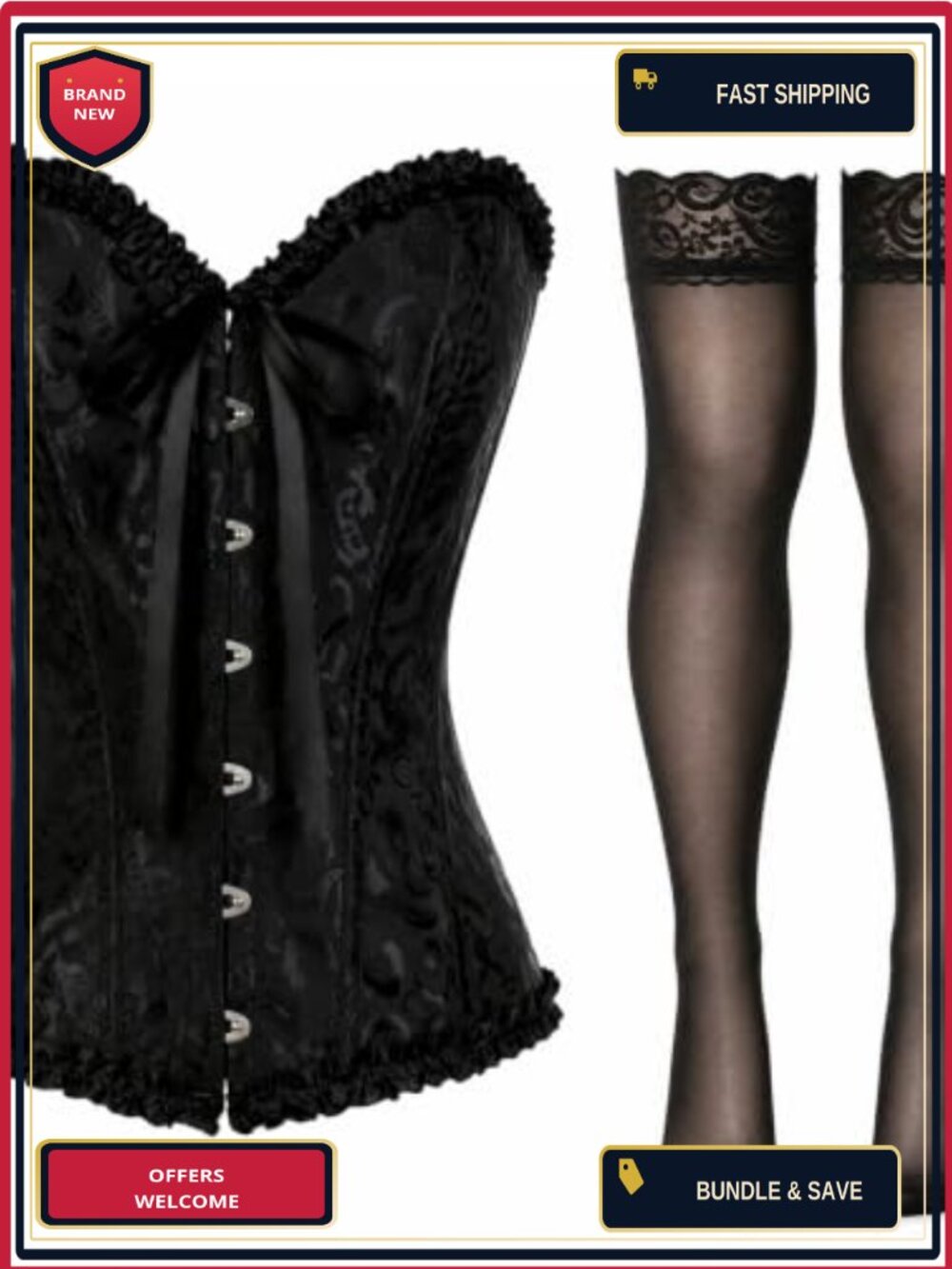 Women's Lace Corset Top Thigh High Stockings Set Victorian Burlesque Costume